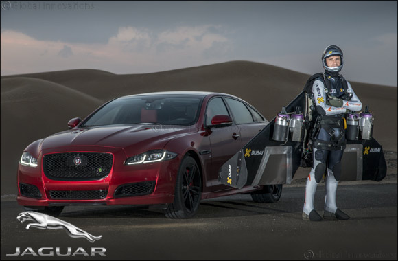 F1 star Martin Brundle and new Jaguar XJR take on high-flying �Jetman' in world-first desert drag race