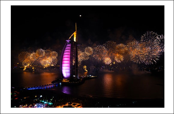 Dubai Skyline Lights Up with New Year's Fireworks during Dubai Shopping Festival