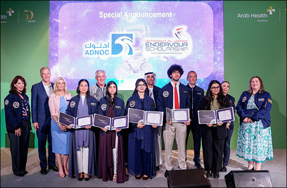 The winning Emirati students of the Astronaut Al Worden Endeavour Scholarship announced at Arab Health