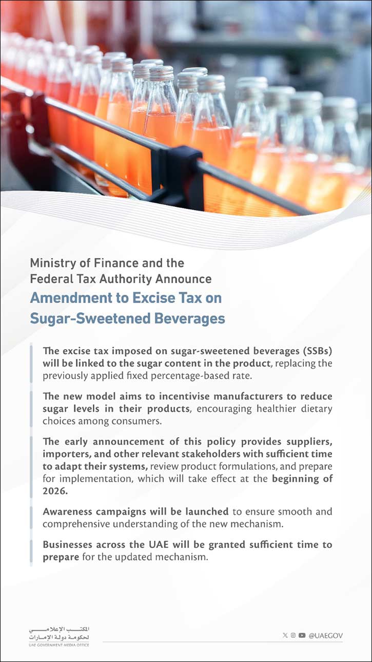 Ministry of Finance and Federal Tax Authority Announce Amendment to Excise Tax on Sugar Sweetened Beverages Through Introduction of a Tiered Volumetric Model