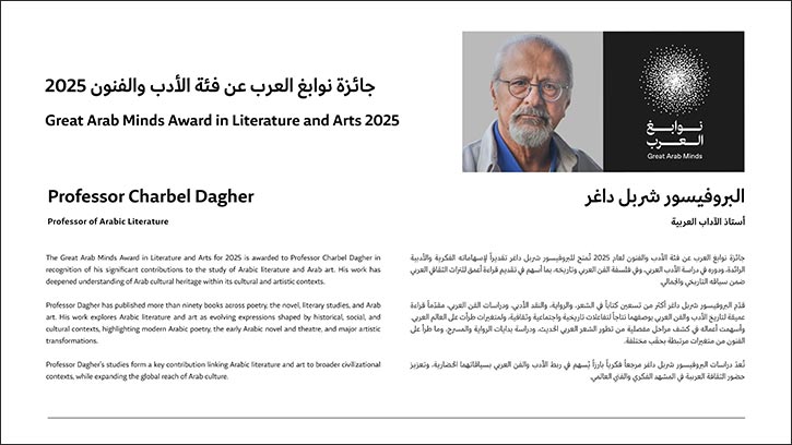 Mohammed bin Rashid congratulates Professor Charbel Dagher on winning Great Arab Minds 2025 Award for Literature and Arts