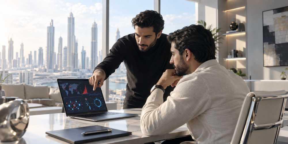 رجال يتابعون تحليلات رقمية في مكتب حديث
